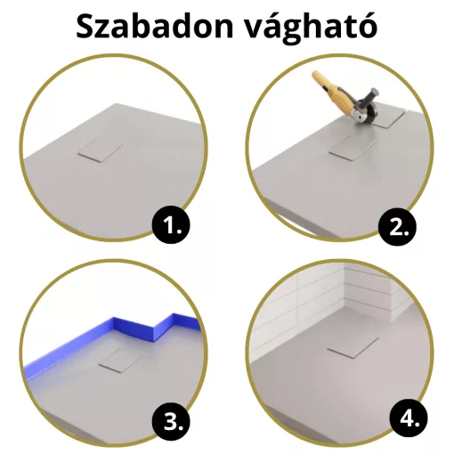 HD Marco+ Gray 80x80/90x90 SMC kompozit magasított szögletes kőhatású zuhanytálca, arany színű ráccsal, 15 cm magas, szifon nélkül