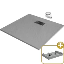 HD Marco+ Gray 80x80 SMC kompozit magasított szögletes kőhatású zuhanytálca, fekete ráccsal, 15 cm magas, szifonnal