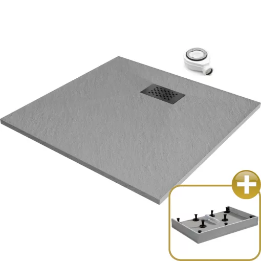 HD Marco+ Gray 80x80 SMC kompozit magasított szögletes kőhatású zuhanytálca, fekete ráccsal, 15 cm magas, szifonnal