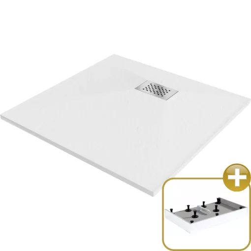 HD Marco+ White 70x70/80x80/90x90/100x100 SMC kompozit magasított szögletes kőhatású zuhanytálca, krómozott ráccsal, 15 cm magas, szifon nélkül