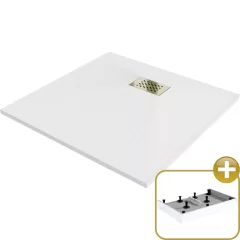   HD Marco+ White 70x70/80x80/90x90/100x100 SMC kompozit magasított szögletes kőhatású zuhanytálca, arany színű ráccsal, 15 cm magas, szifon nélkül