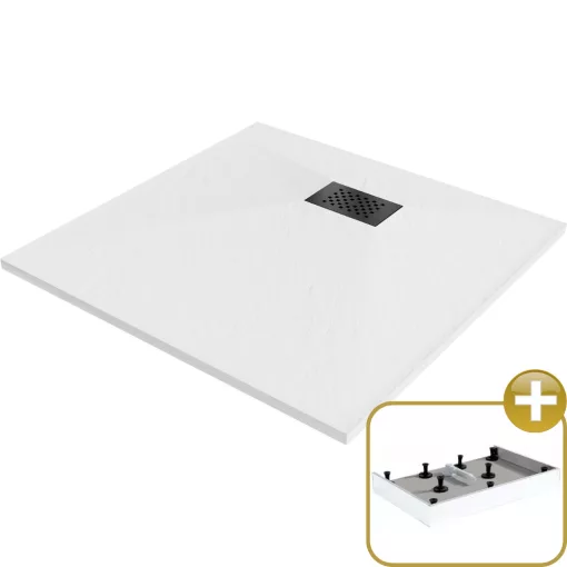 HD Marco+ White 70x70/80x80/90x90/100x100 SMC kompozit magasított szögletes kőhatású zuhanytálca, fekete ráccsal, 15 cm magas, szifon nélkül