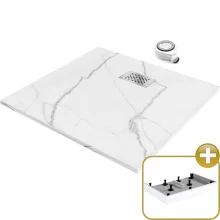 HD Marco+ White Marble 80x80 SMC kompozit magasított szögletes kőhatású zuhanytálca, krómozott ráccsal, 15 cm magas, szifonnal