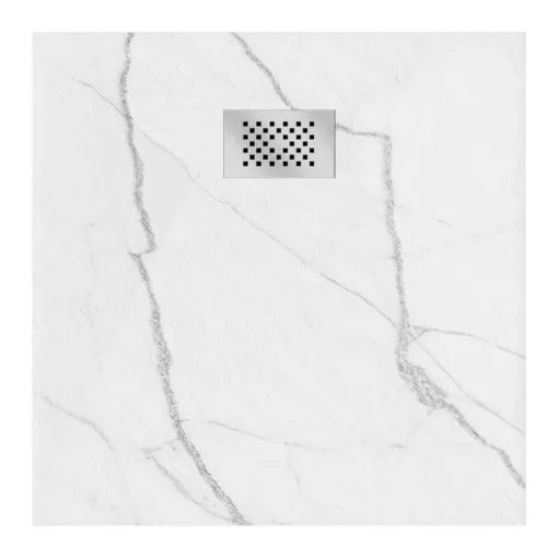 HD Marco+ White Marble 80x80 SMC kompozit magasított szögletes kőhatású zuhanytálca, krómozott ráccsal, 15 cm magas, szifonnal