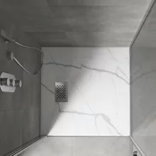 HD Marco+ White Marble 80x80/90x90 SMC kompozit magasított szögletes kőhatású zuhanytálca, krómozott ráccsal, 15 cm magas, szifon nélkül