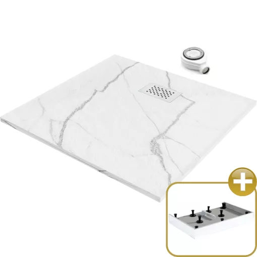 HD Marco+ White Marble 80x80 SMC kompozit magasított szögletes kőhatású zuhanytálca, fehér ráccsal, 15 cm magas, szifonnal