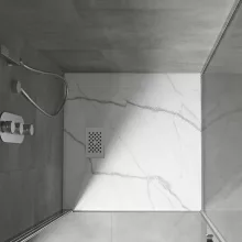 HD Marco+ White Marble 80x80/90x90 SMC kompozit magasított szögletes kőhatású zuhanytálca, fehér ráccsal, 15 cm magas, szifon nélkül
