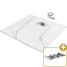 HD Marco+ White Marble 80x80 SMC kompozit magasított szögletes kőhatású zuhanytálca, arany színű ráccsal, 15 cm magas, szifonnal