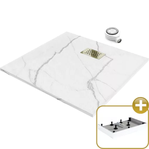HD Marco+ White Marble 80x80 SMC kompozit magasított szögletes kőhatású zuhanytálca, arany színű ráccsal, 15 cm magas, szifonnal