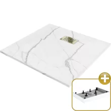HD Marco+ White Marble 80x80/90x90 SMC kompozit magasított szögletes kőhatású zuhanytálca, arany színű ráccsal, 15 cm magas, szifon nélkül