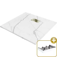   HD Marco+ White Marble 80x80/90x90 SMC kompozit magasított szögletes kőhatású zuhanytálca, arany színű ráccsal, 15 cm magas, szifon nélkül
