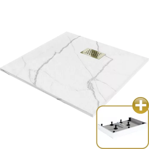 HD Marco+ White Marble 80x80/90x90 SMC kompozit magasított szögletes kőhatású zuhanytálca, arany színű ráccsal, 15 cm magas, szifon nélkül
