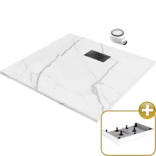 HD Marco+ White Marble 80x80 SMC kompozit magasított szögletes kőhatású zuhanytálca, fekete ráccsal, 15 cm magas, szifonnal