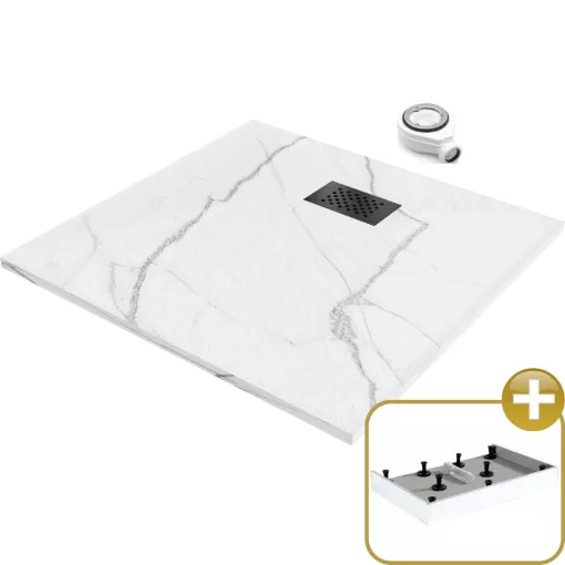 HD Marco+ White Marble 80x80 SMC kompozit magasított szögletes kőhatású zuhanytálca, fekete ráccsal, 15 cm magas, szifonnal