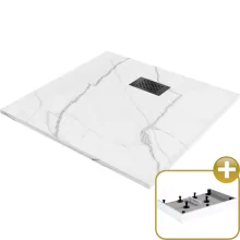 HD Marco+ White Marble 80x80/90x90 SMC kompozit magasított szögletes kőhatású zuhanytálca, fekete ráccsal, 15 cm magas, szifon nélkül