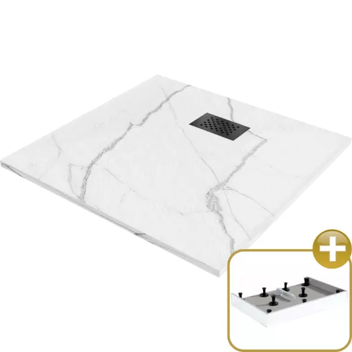 HD Marco+ White Marble 80x80/90x90 SMC kompozit magasított szögletes kőhatású zuhanytálca, fekete ráccsal, 15 cm magas, szifon nélkül