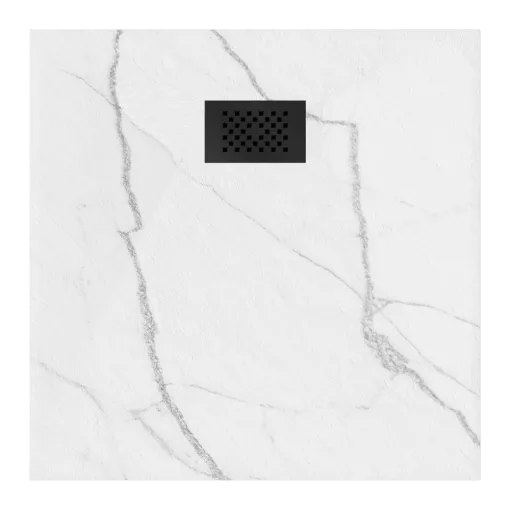 HD Marco+ White Marble 80x80/90x90 SMC kompozit magasított szögletes kőhatású zuhanytálca, fekete ráccsal, 15 cm magas, szifon nélkül