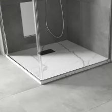 HD Marco+ White Marble 80x80/90x90 SMC kompozit magasított szögletes kőhatású zuhanytálca, fekete ráccsal, 15 cm magas, szifon nélkül