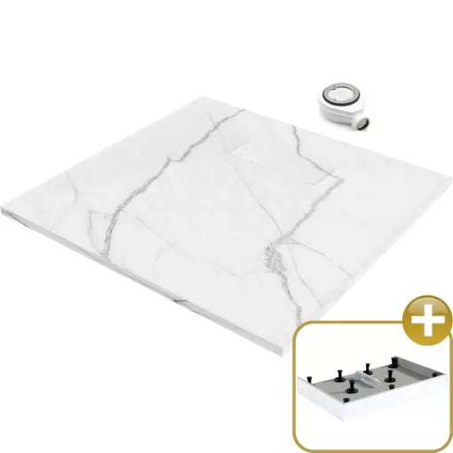 HD Marco White Marble 80x80 SMC kompozit magasított szögletes kőhatású zuhanytálca, 15 cm magas, szifonnal