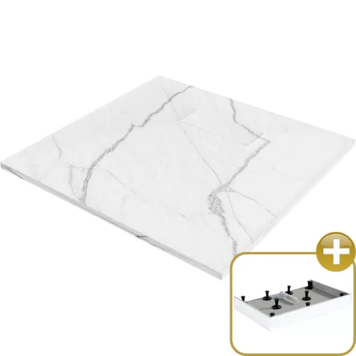 HD Marco White Marble 80x80/90x90 SMC kompozit magasított szögletes kőhatású zuhanytálca, 15 cm magas, szifon nélkül