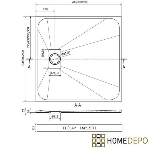 HD Marco White Marble 80x80/90x90 SMC kompozit magasított szögletes kőhatású zuhanytálca, 15 cm magas, szifon nélkül