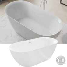 HD Denver ovális térben álló akril kád fényes fehér túlfolyóval és click-clack leeresztővel, 160x75x58 cm