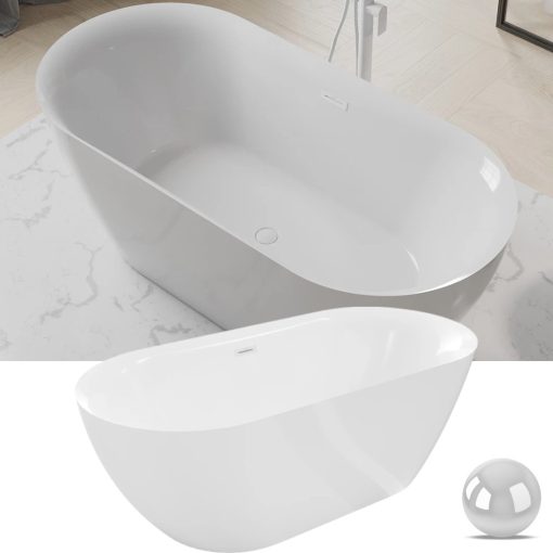 HD Denver ovális térben álló akril kád fényes fehér túlfolyóval és click-clack leeresztővel, 160x75x58 cm
