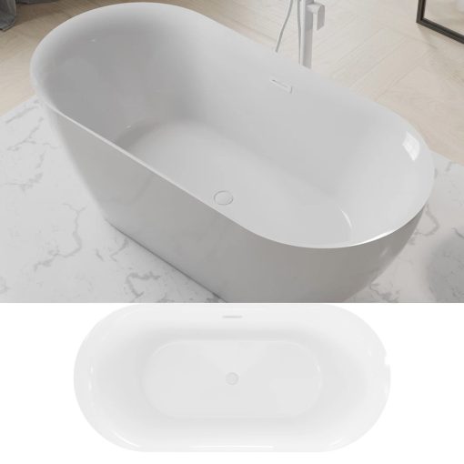 HD Denver ovális térben álló akril kád fényes fehér túlfolyóval és click-clack leeresztővel, 160x75x58 cm