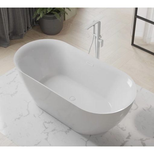 HD Denver ovális térben álló akril kád fényes fehér túlfolyóval és click-clack leeresztővel, 160x75x58 cm