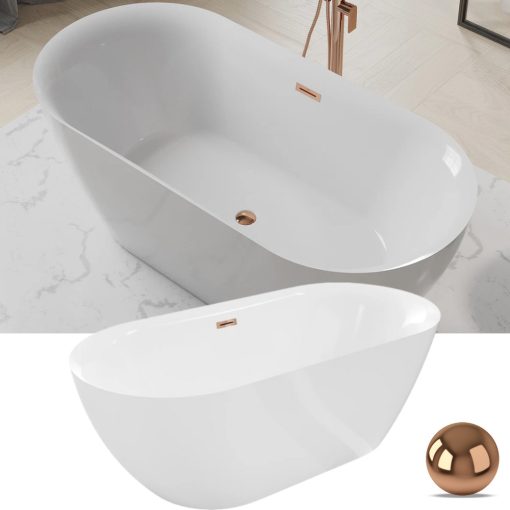 HD Denver ovális térben álló akril kád rózsa arany túlfolyóval és click-clack leeresztővel, 160x75x58 cm