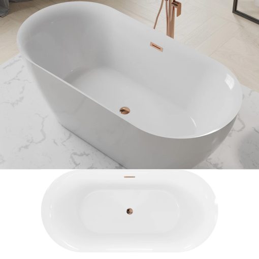 HD Denver ovális térben álló akril kád rózsa arany túlfolyóval és click-clack leeresztővel, 160x75x58 cm