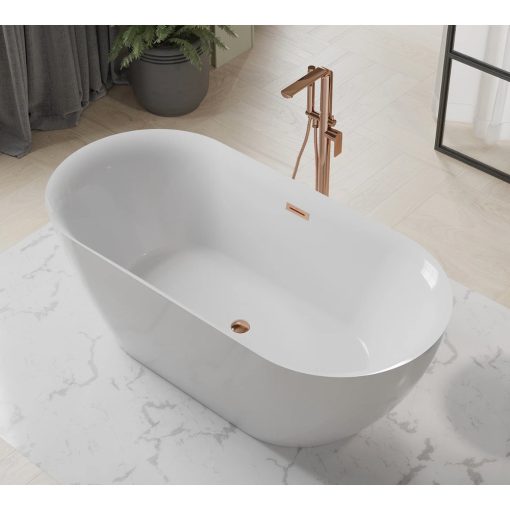 HD Denver ovális térben álló akril kád rózsa arany túlfolyóval és click-clack leeresztővel, 160x75x58 cm