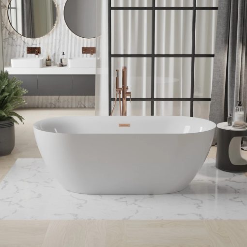 HD Denver ovális térben álló akril kád rózsa arany túlfolyóval és click-clack leeresztővel, 160x75x58 cm