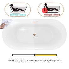 HD Denver ovális térben álló akril kád rózsa arany túlfolyóval és click-clack leeresztővel, 160x75x58 cm