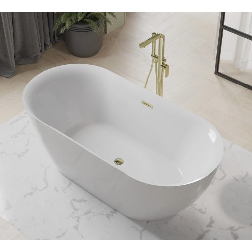 HD Denver ovális térben álló akril kád fényes arany túlfolyóval és click-clack leeresztővel, 160x75x58 cm