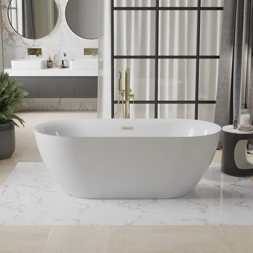 HD Denver ovális térben álló akril kád fényes arany túlfolyóval és click-clack leeresztővel, 160x75x58 cm