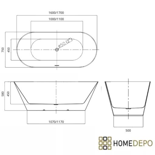 HD Denver ovális térben álló akril kád fényes arany túlfolyóval és click-clack leeresztővel, 160x75x58 cm