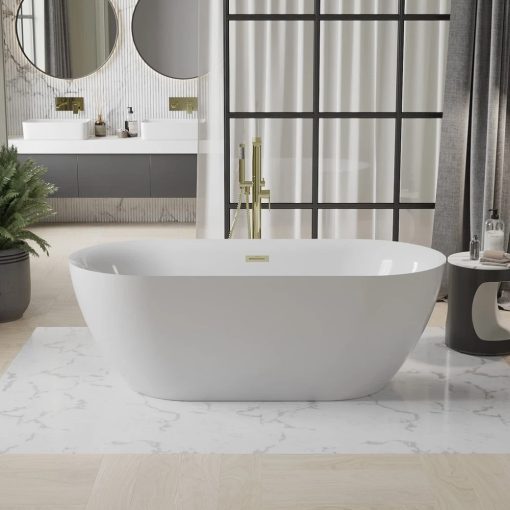 HD Denver ovális térben álló akril kád szálcsiszolt arany túlfolyóval és click-clack leeresztővel, 170x75x58 cm