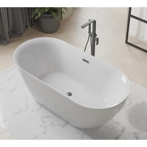 HD Denver ovális térben álló akril kád szürke túlfolyóval és click-clack leeresztővel, 170x75x58 cm