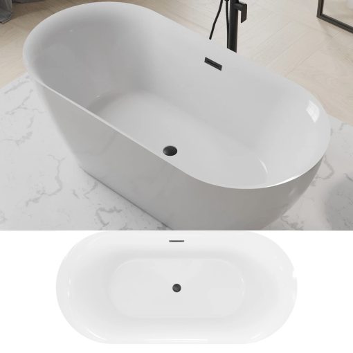 HD Denver ovális térben álló akril kád matt fekete túlfolyóval és click-clack leeresztővel, 160x75x58 cm