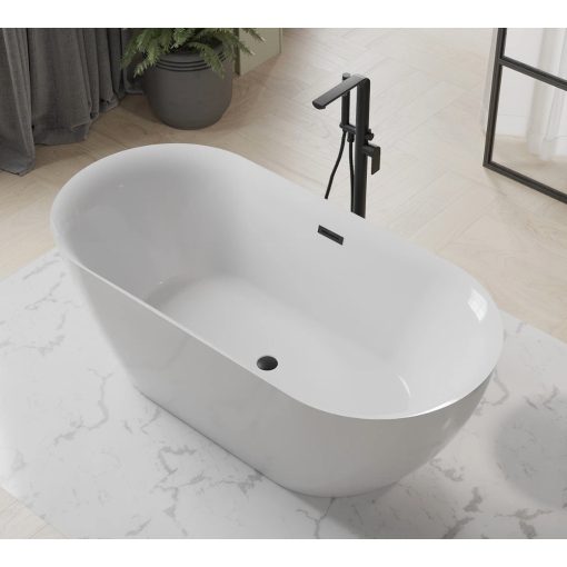 HD Denver ovális térben álló akril kád matt fekete túlfolyóval és click-clack leeresztővel, 160x75x58 cm