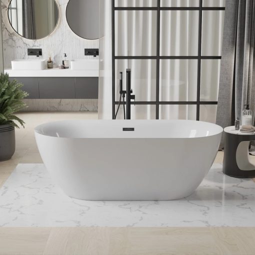 HD Denver ovális térben álló akril kád matt fekete túlfolyóval és click-clack leeresztővel, 160x75x58 cm