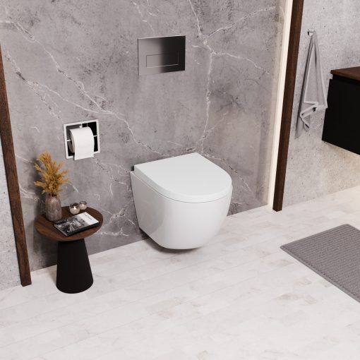 HD Lea Glossy White perem nélküli mély öblítésű íves fali WC compact "A" tetővel és fényes króm zsanérral