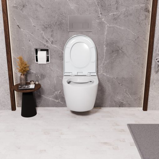 HD Lea Glossy White perem nélküli mély öblítésű íves fali WC compact "A" tetővel és fényes króm zsanérral