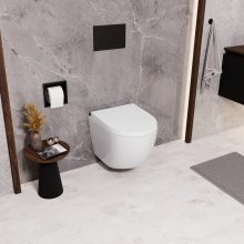 HD Lea Glossy White perem nélküli mély öblítésű íves fali WC compact "A" tetővel és matt fekete zsanérral