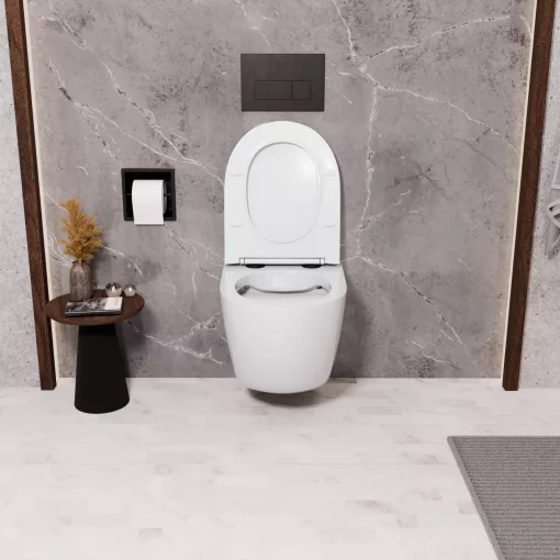 HD Lea Glossy White perem nélküli mély öblítésű íves fali WC compact "A" tetővel és matt fekete zsanérral