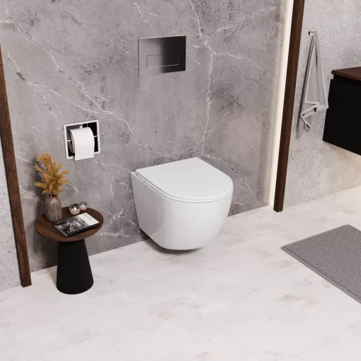 HD Lea Glossy White perem nélküli mély öblítésű íves fali WC slim "A" tetővel és fényes króm zsanérral