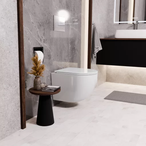 HD Lea Glossy White perem nélküli mély öblítésű íves fali WC slim "A" tetővel és fényes króm zsanérral
