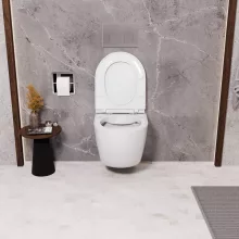 HD Lea Glossy White perem nélküli mély öblítésű íves fali WC slim "A" tetővel és fényes króm zsanérral