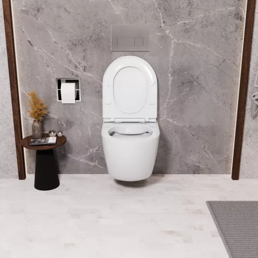 HD Lea Glossy White perem nélküli mély öblítésű íves fali WC slim "A" tetővel és fényes króm zsanérral